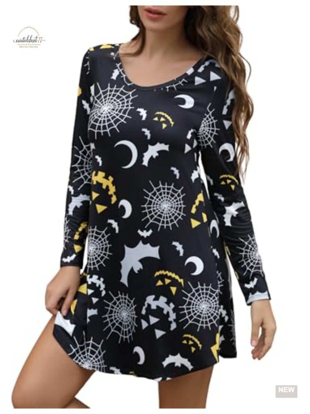 Womens Long Sleeve Halloween Print Swing Short Dress Costume Tunic Party